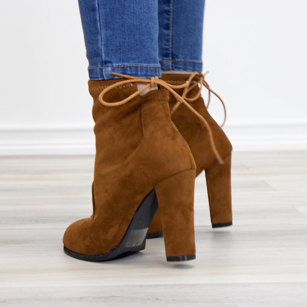 Round Toe Tan Suede Ankle Heeled Boots - Picture 6 of 8